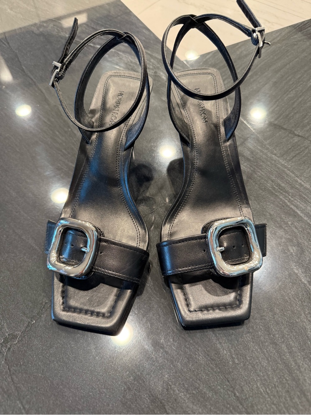 Nordstrom Black Leather Square-Toe Ankle-Strap Heels with Silver Buckles